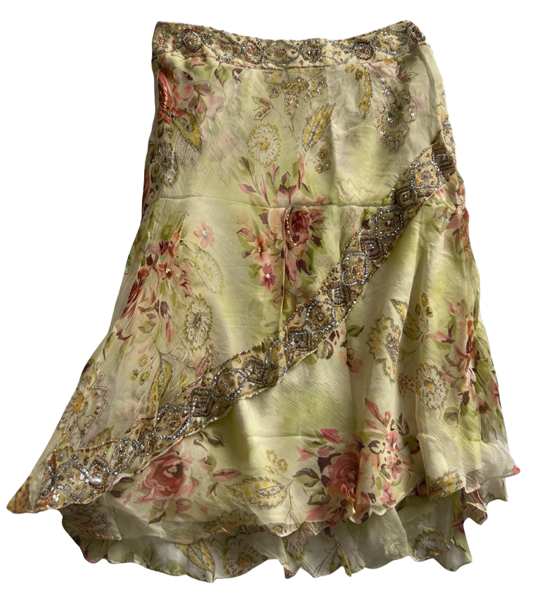 Vintage floral chiffon layered skirt with beaded trim