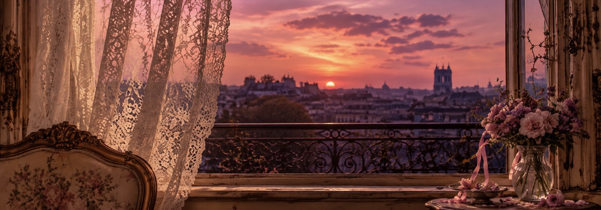 Parisian balcony at sunset with lace curtains and pink roses